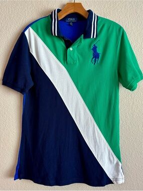 Polo Ralph Lauren Boys Color-block Rugby Polo Shirt Big Pony Blue Size L 14/16